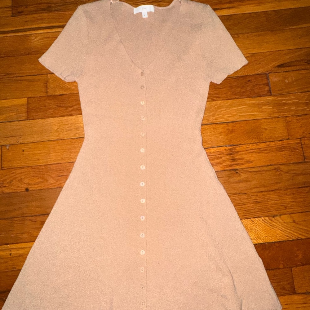 Button-Front Short Sleeve Knit Dress in Beige